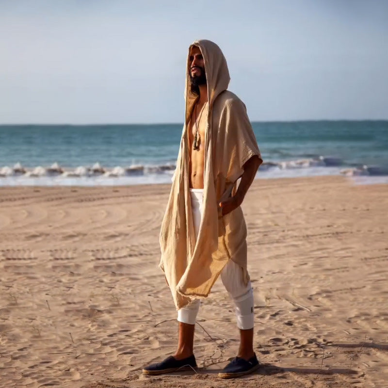 Men's Hooded Kaftan made of Linen-Cotton Blend Oversized with Pockets