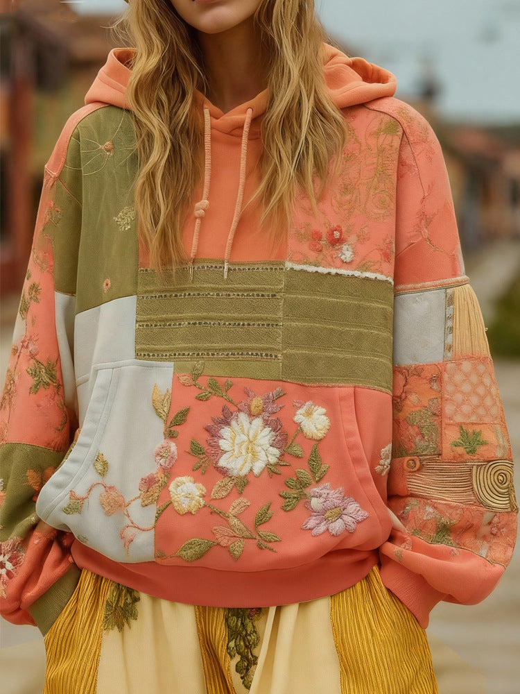 Women's Embroidered Patchwork Hoodie with Flower Applique and Kangaroo Pocket