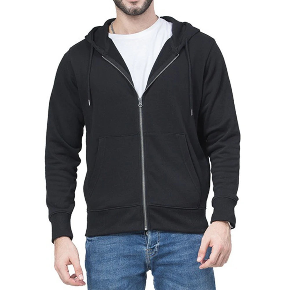 Men's Narrow-cut Zip Hoodie with Metal Zipper, Double-layer Hood and Kangaroo Pocket