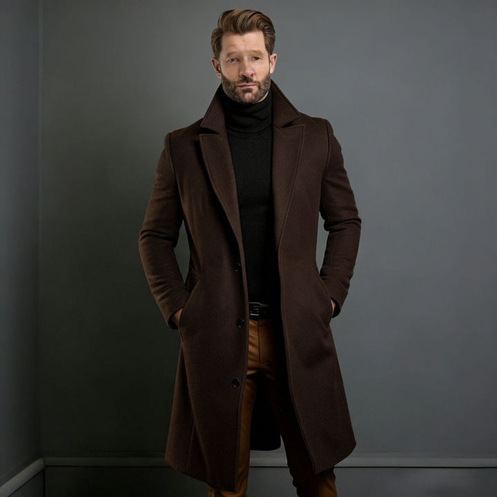 Men's Elegant Single-Breasted Long Coat made of Wool Blend with Slim Silhouette and Lapel Collar