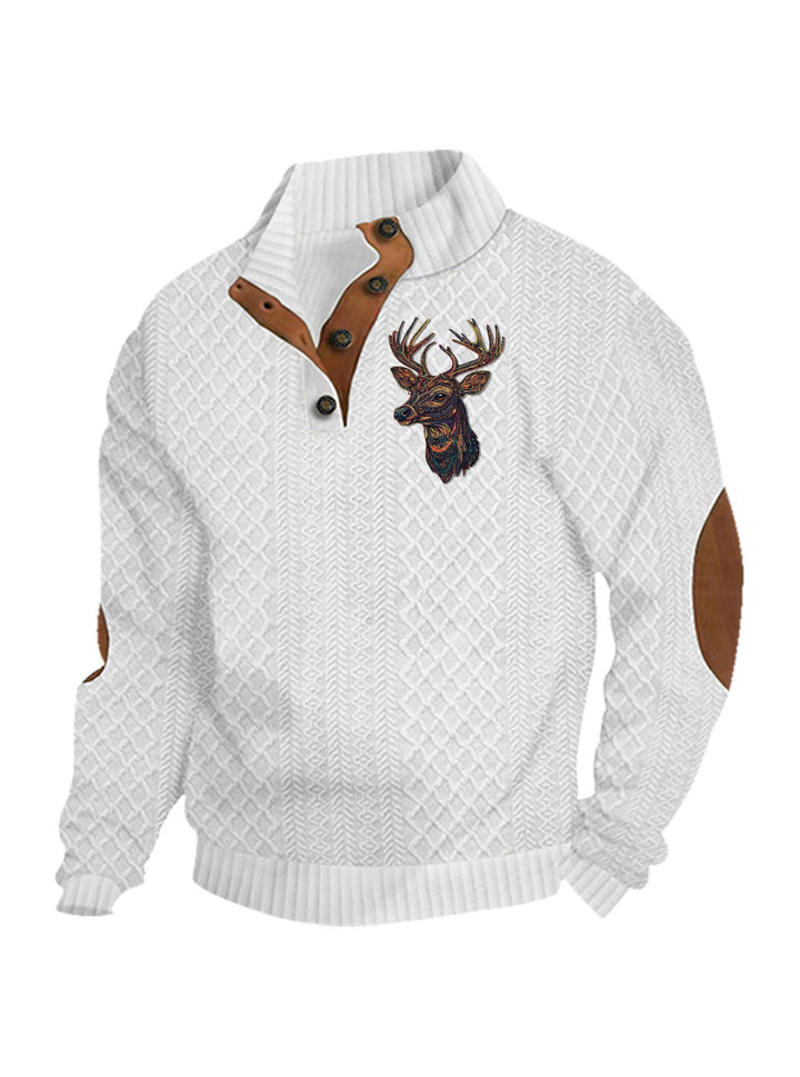 Men's Heritage Textured Pullover with Stand-up Collar Faux Leather Trim Elbow Patches and Half-button Placket