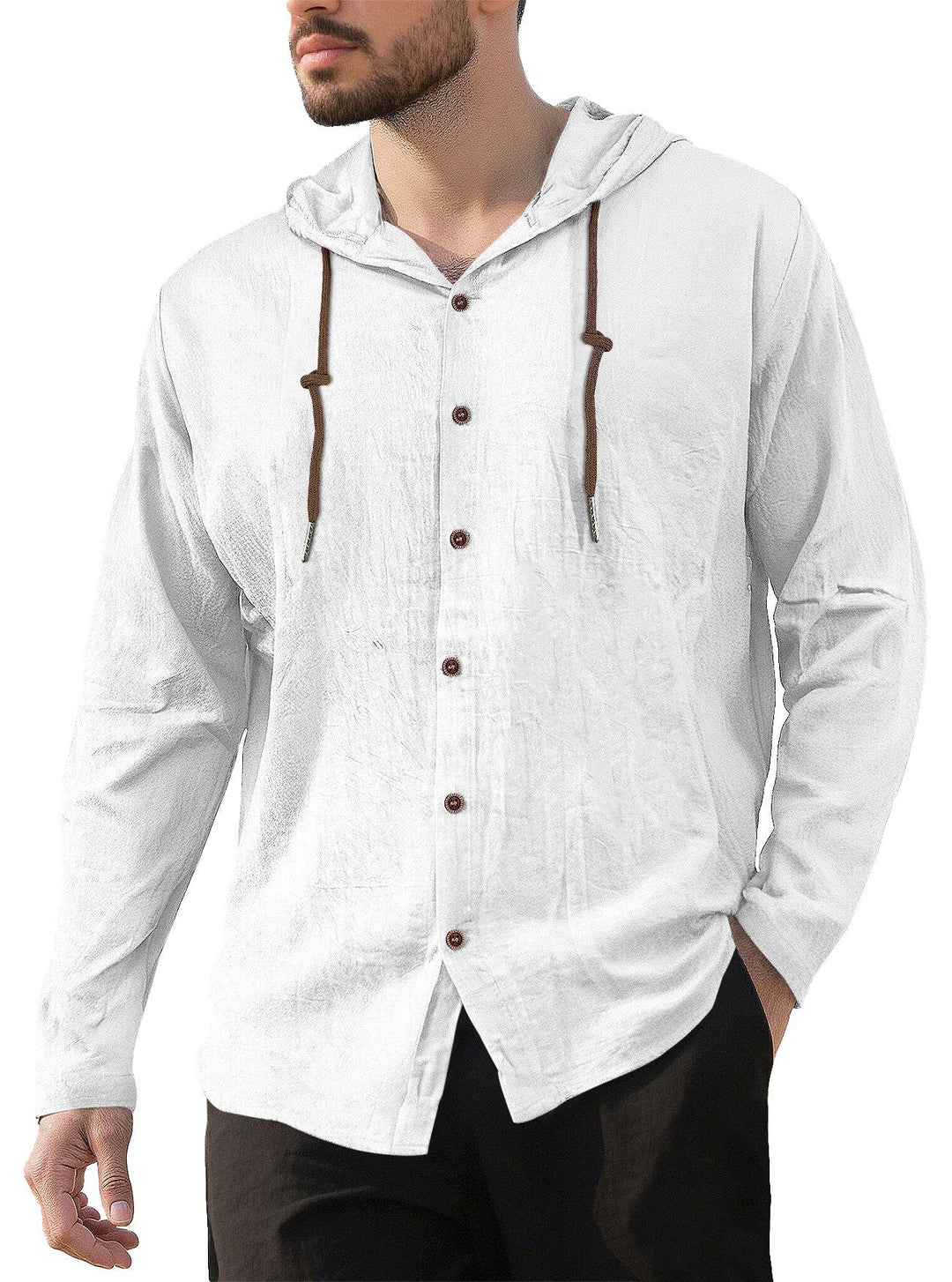 Men's Textured Linen Blend Hooded Shirt with Button Placket, Wood Buttons, and Side Slits