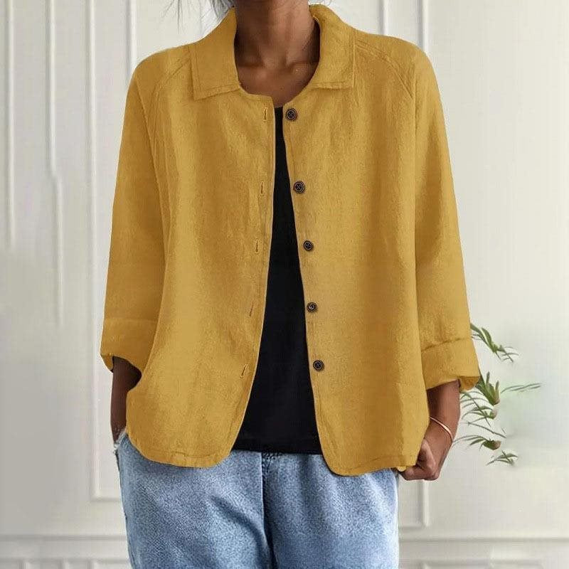 Women's Oversized Linen Shirt Jacket with Shirt Collar, 3/4 Sleeves and Continuous Button Placket