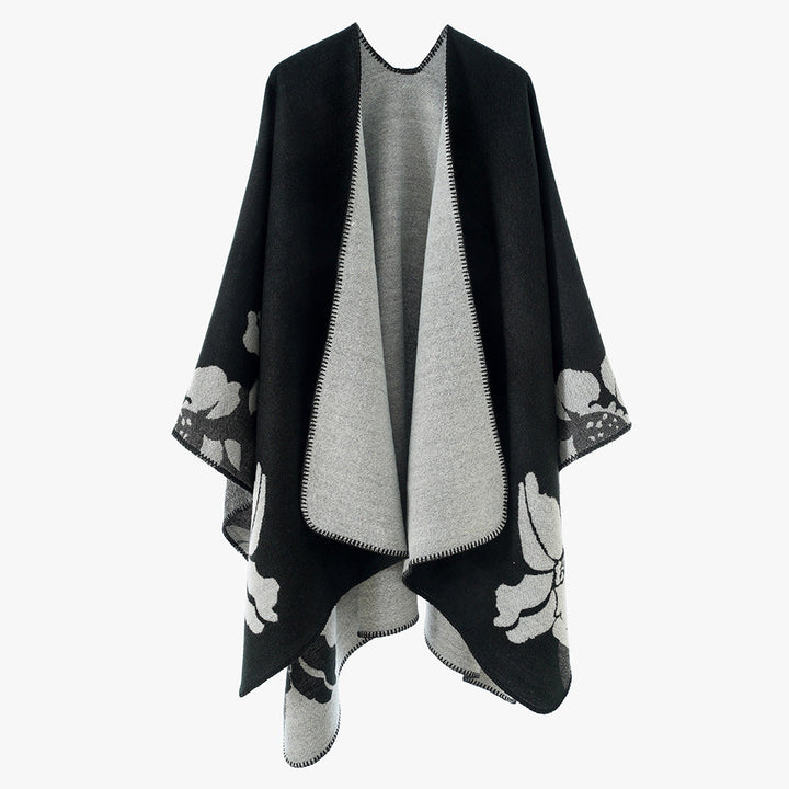 Women's Reversible Wool Blend Cape with Floral Jacquard and Open Draping
