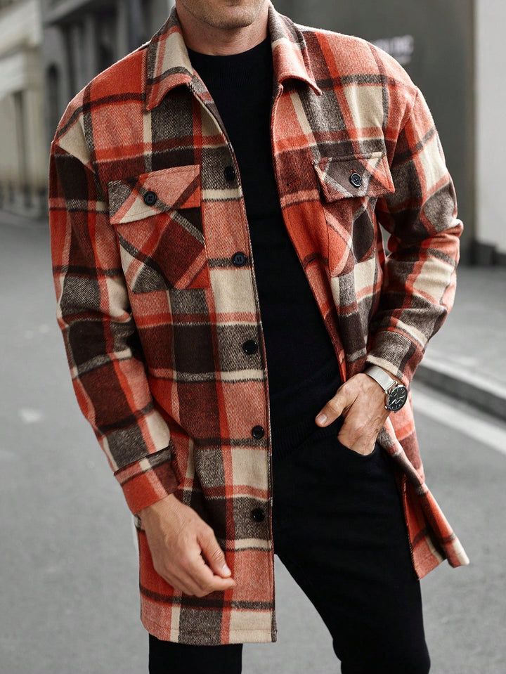 Men's Checked Longline Overshirt with Patch Chest Pockets and Button Placket