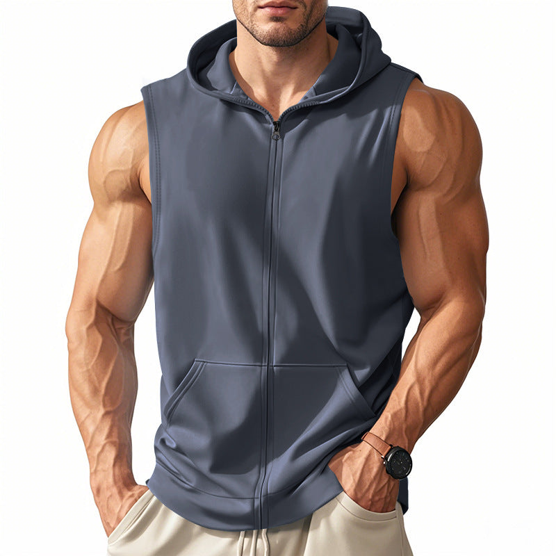 Men's Sleeveless Zip Hooded Vest with Kangaroo Pocket and Athletic Cut