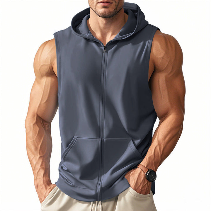 Men's Sleeveless Zip Hooded Vest with Kangaroo Pocket and Athletic Cut