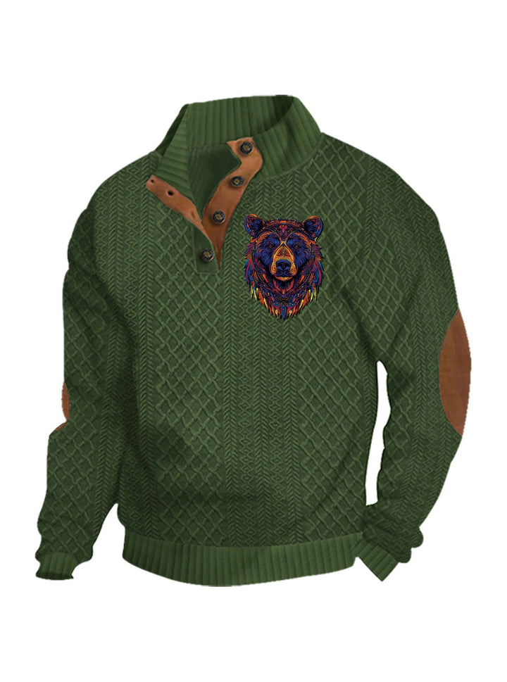 Men's Heritage Textured Pullover with Stand-up Collar Faux Leather Trim Elbow Patches and Half-button Placket