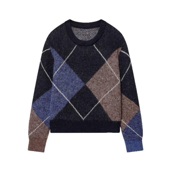 Women's Argyle Knit Sweater with Boxy Cropped Cut
