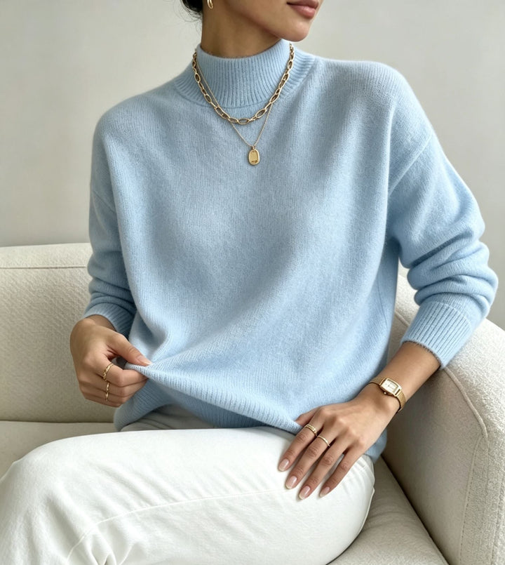 Women's Cozy Fine-knit Pullover with Stand-up Collar and Drop Shoulder