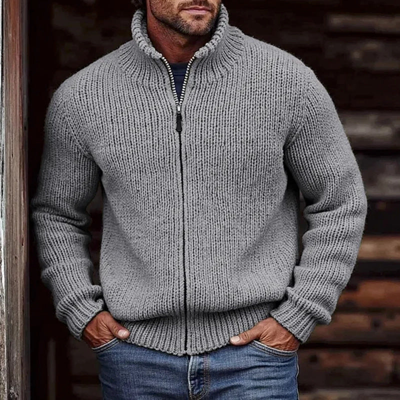 Men's Chunky Knit Cardigan with Stand-up Collar and Continuous Zipper