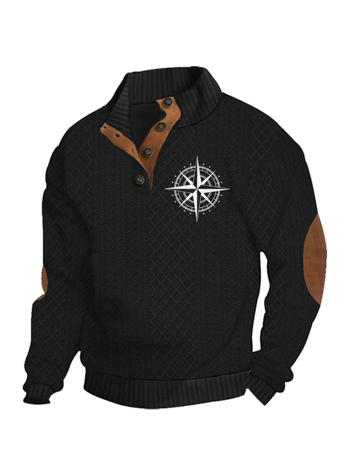 Men's Heritage Textured Pullover with Stand-up Collar Faux Leather Trim Elbow Patches and Half-button Placket