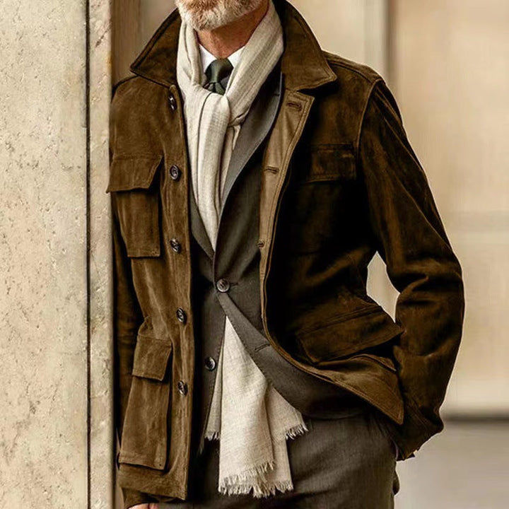 Men's Tailored Field Jacket with Tie Belt, Flap Pockets and Kent Collar