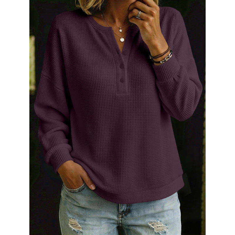 Women's Waffle Knit Henley Sweater with Oversized Cut