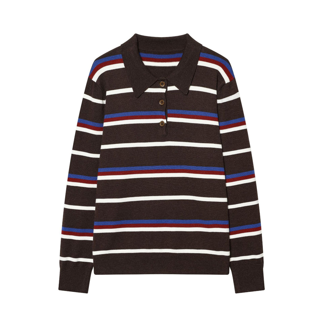 Women's Striped Fine Knit Polo Sweater with Button Placket, Ribbed Cuffs, and Light Wool Blend