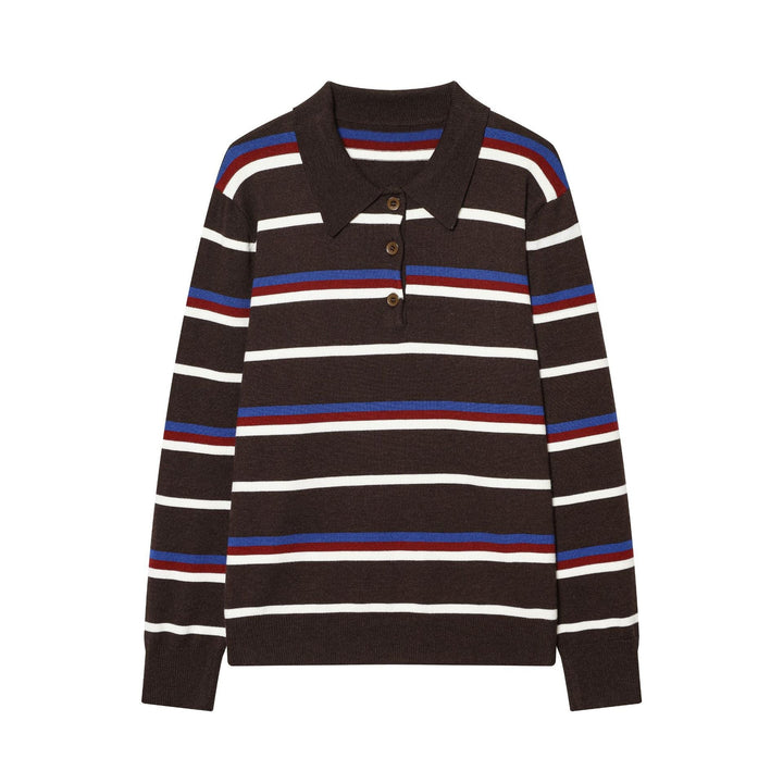 Women's Striped Fine Knit Polo Sweater with Button Placket, Ribbed Cuffs, and Light Wool Blend