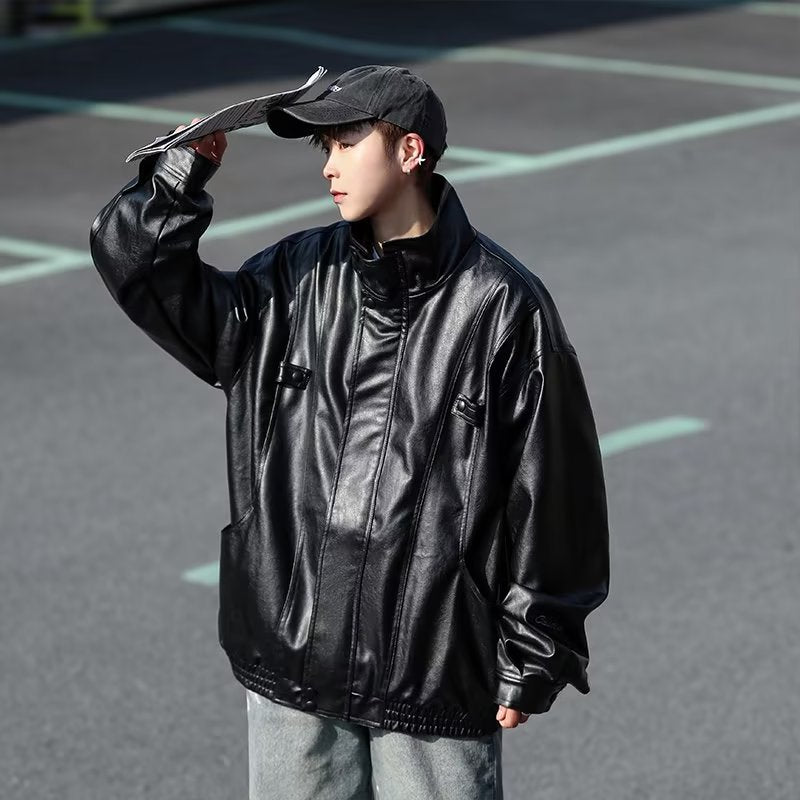 Men's Oversized Faux Leather Bomber Jacket with Stand Collar and Elastic Hem