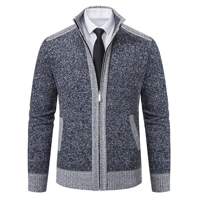 Men's Structured Knit Cardigan with Stand-up Collar and Full Zip