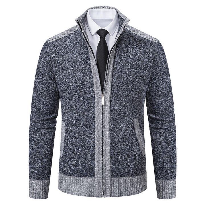 Men's Structured Knit Cardigan with Stand-up Collar and Full Zip