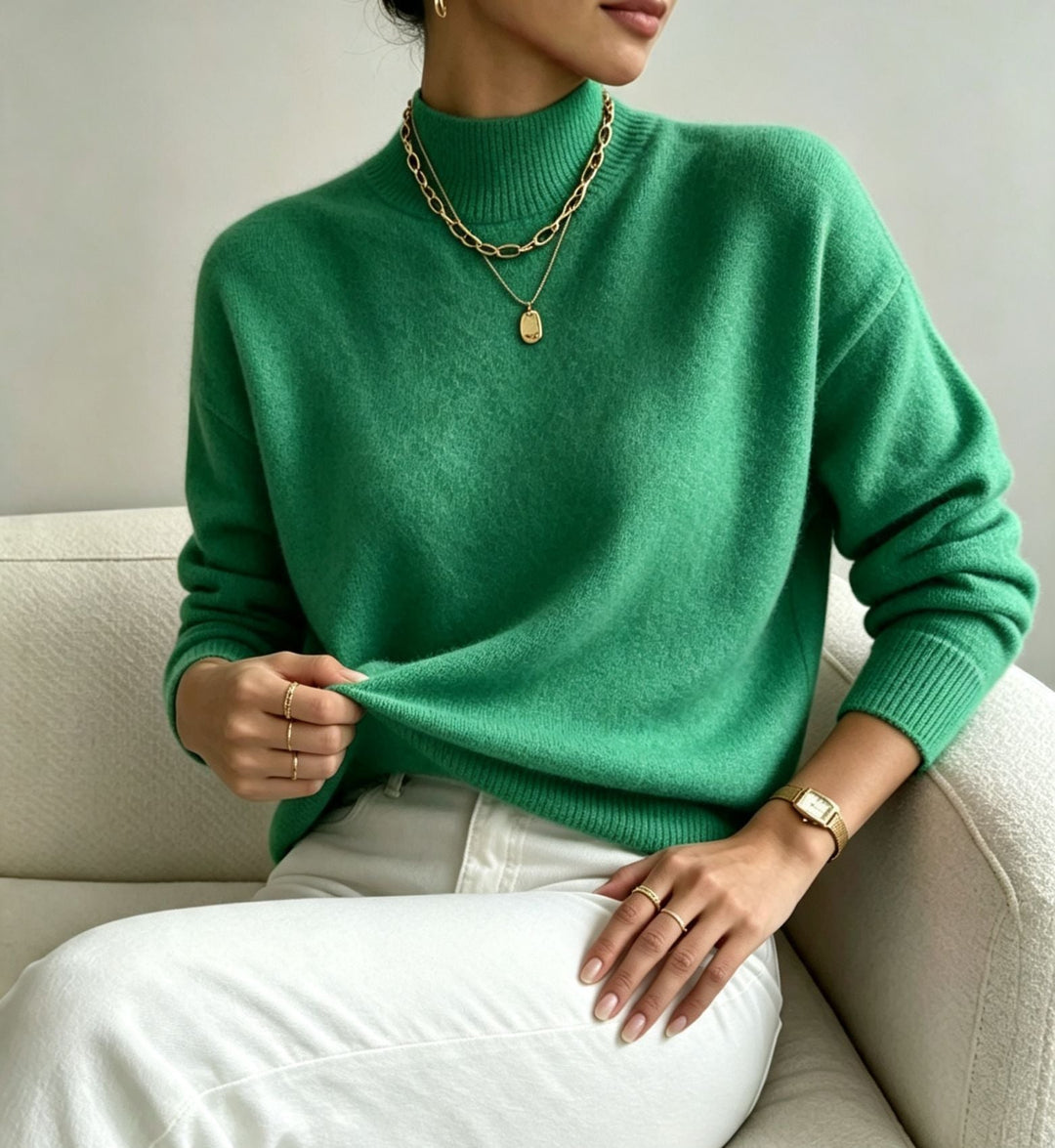 Women's Cozy Fine-knit Pullover with Stand-up Collar and Drop Shoulder