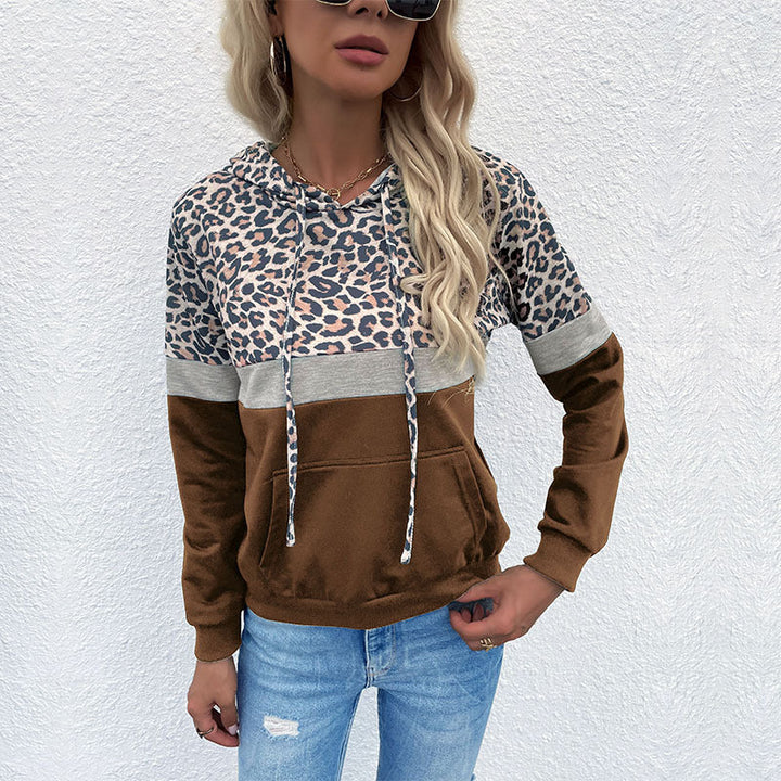 Women's Hoodie with Leopard Print, Color Block Insert and Kangaroo Pocket