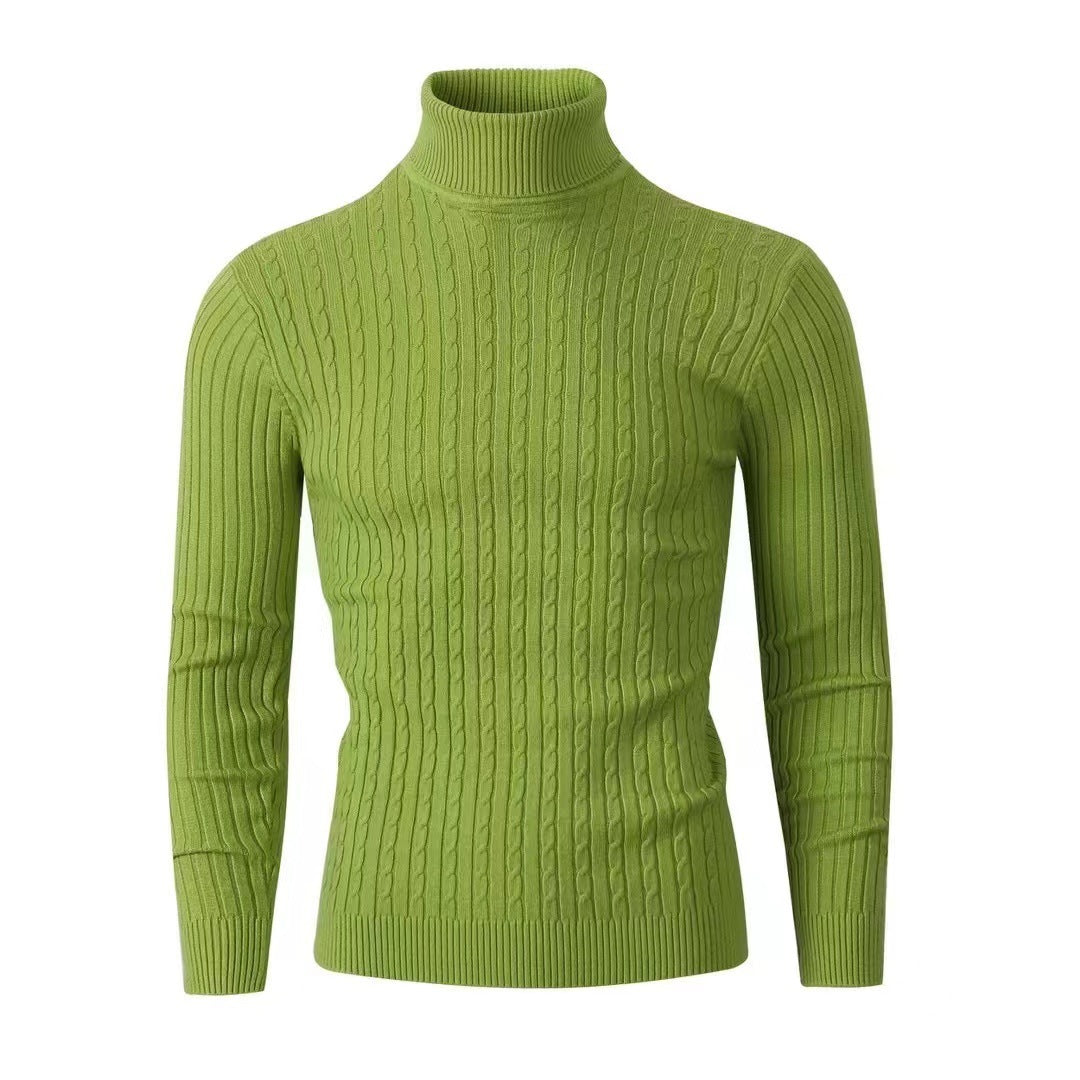Men's Ribbed Turtleneck Sweater with Cable Knit Pattern and Form-fitting Slim-fit Silhouette