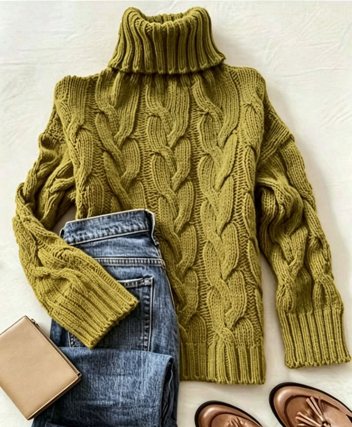 Women's Chunky Knit Turtleneck Sweater with Distinctive Cable Patterns and Ribbed Cuffs