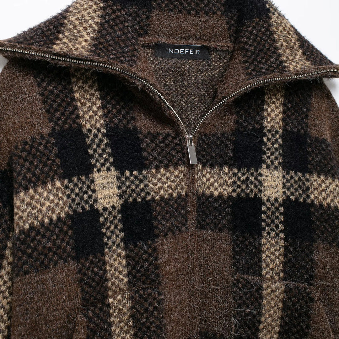 Women's Short Checked Melange Knit Sweater with Half Zipper Collar