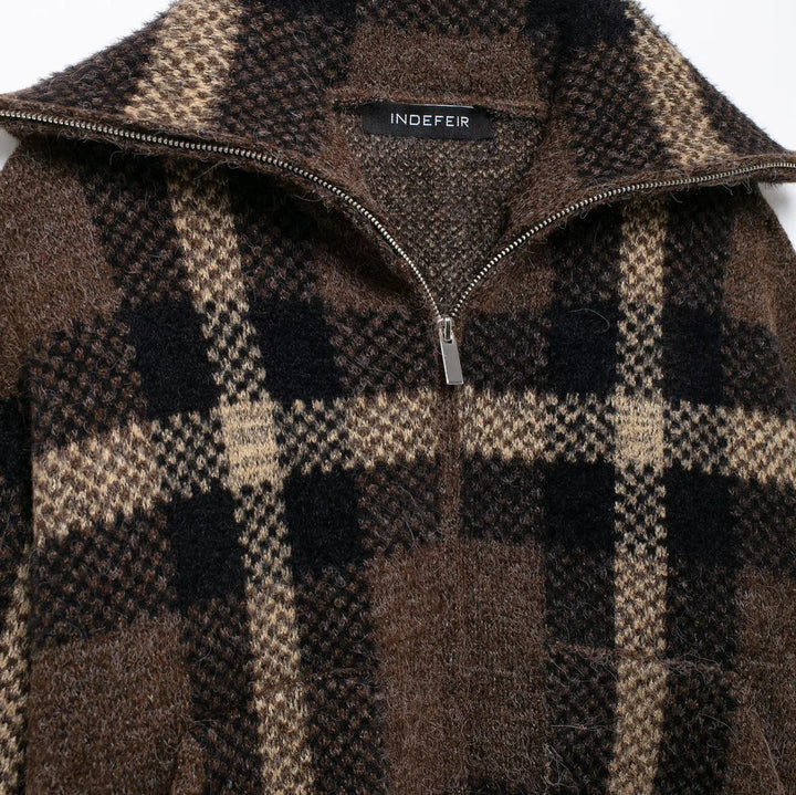 Women's Short Checked Melange Knit Sweater with Half Zipper Collar