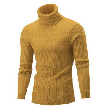 Men's Ribbed Turtleneck Sweater with Cable Knit Pattern and Form-fitting Slim-fit Silhouette