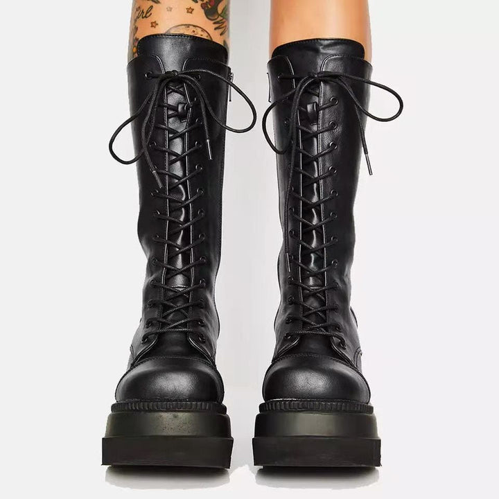 Women's High-Quality Lace-Up Boots with Platform Heel and Side Zipper