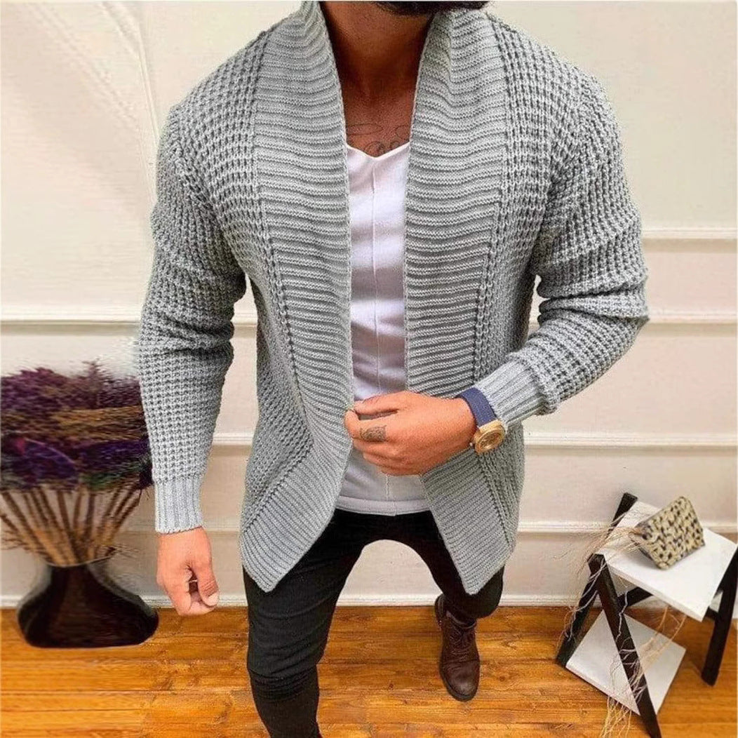 Men's Knitted Cardigan with Shawl Collar and Textured Waffle Pattern