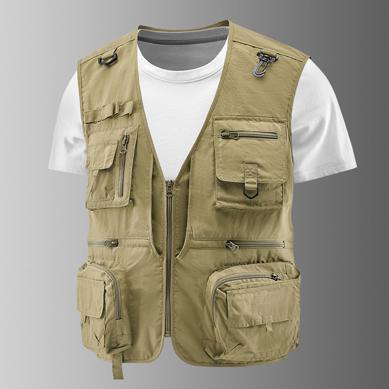 Men's Multifunctional Outdoor Utility Vest with Numerous Zip Pockets, D-ring and Carabiner