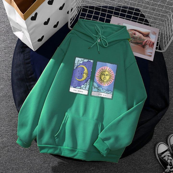 Women Light Oversized Hoodie with Heart EKG Motif, Long Cords and Elastic Cuff
