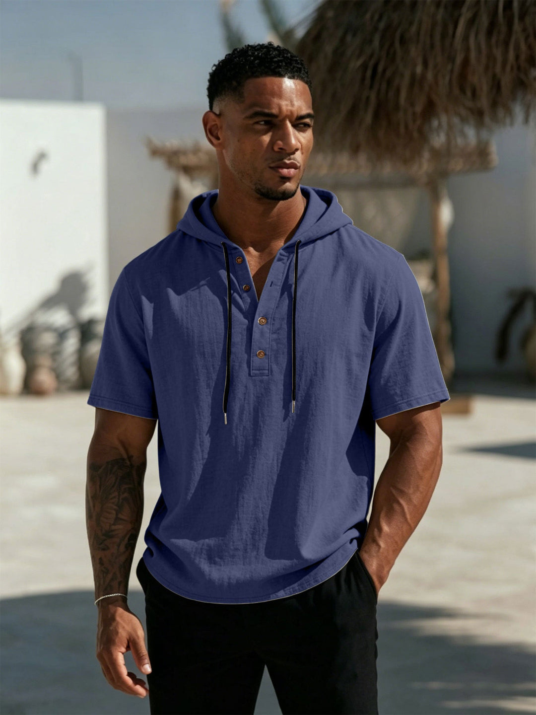 Men's Short Sleeve Hoodie Henley in Linen Look with Button Placket