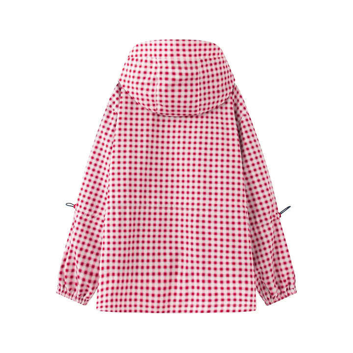 Women's Checkered Rain Parka with Hood, Drawstring Waist and Diagonal Zippered Pockets
