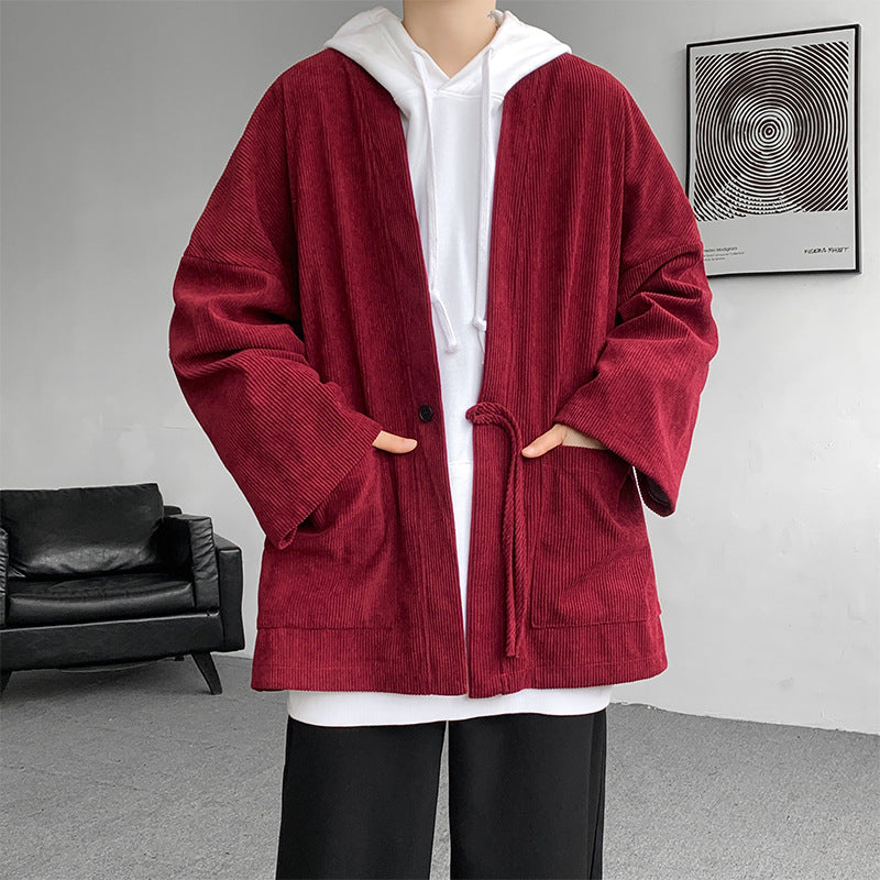 Men's Oversized Cord Kimono Cardigan with Drawstring, Patch Pockets and Drop Sleeves