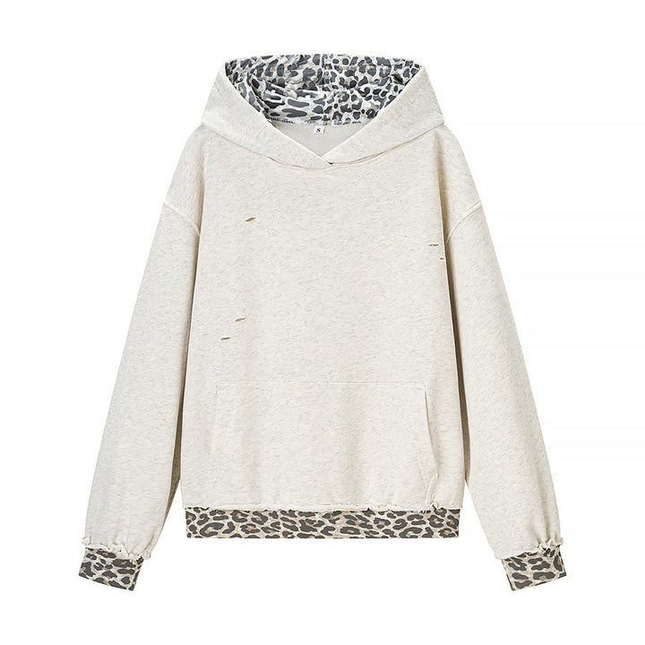 Women Oversized Hooded Sweatshirt with Leopard Print Lining and Destroy Details