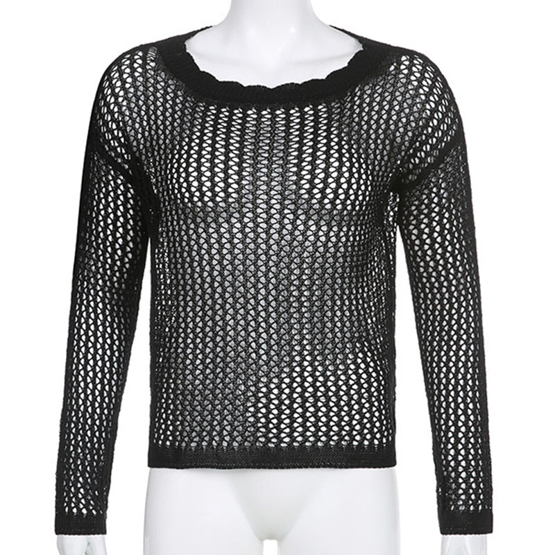 Women's Airy Knitted Pullover with Fine Mesh Pattern