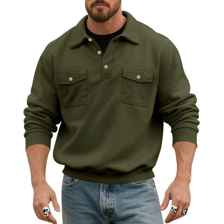 Men's Polo Collar Sweatshirt with Patch Chest Pockets and Ribbed Cuffs