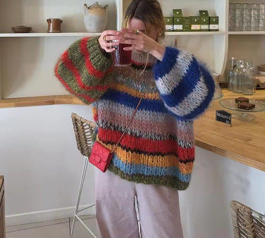 Women's Cozy Knit Sweater with Flared Sleeves and Colorful Stripe Pattern