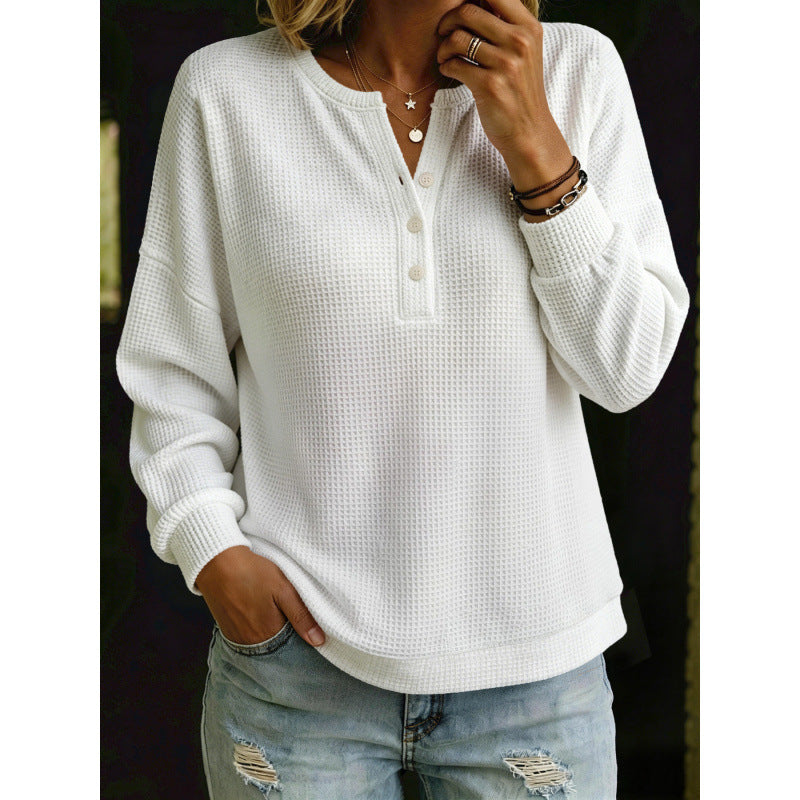 Women's Waffle Knit Henley Sweater with Oversized Cut