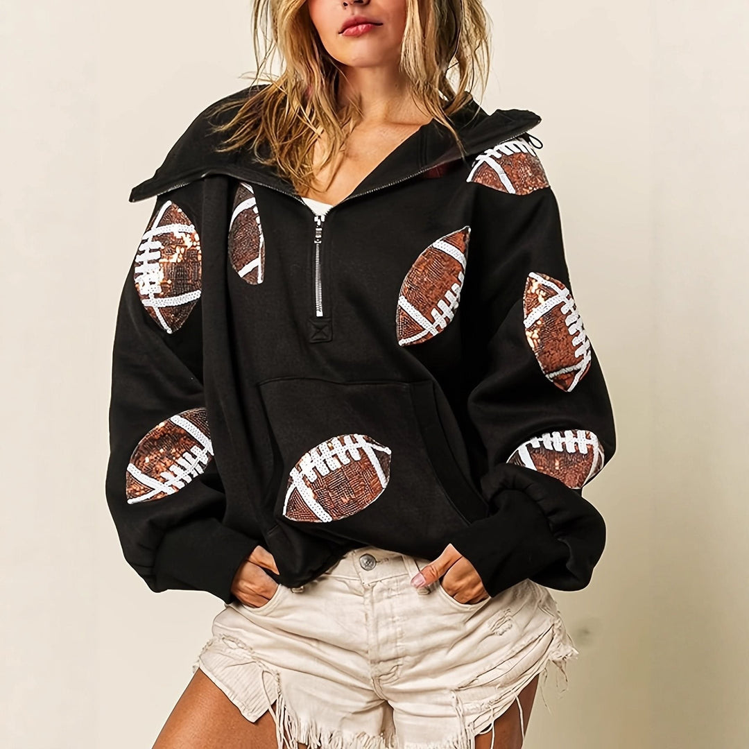 Women's Oversized Hoodie with Half Zipper and Sequin Football Application