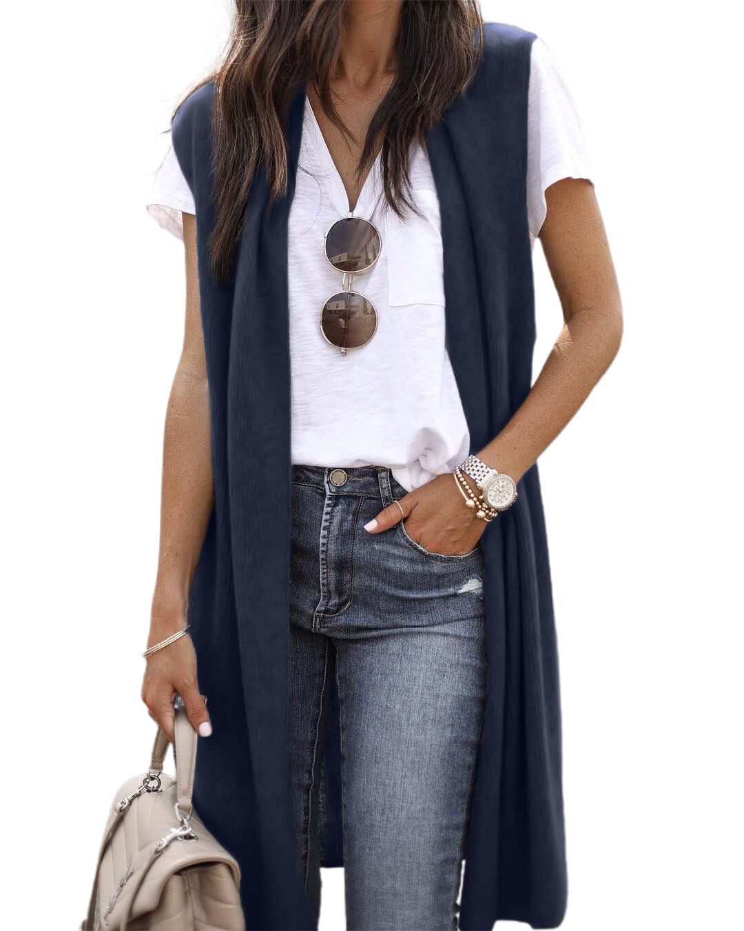 Women's Knit Vest in a Casual Oversized Design with Open Fronts and Short Sleeve Length
