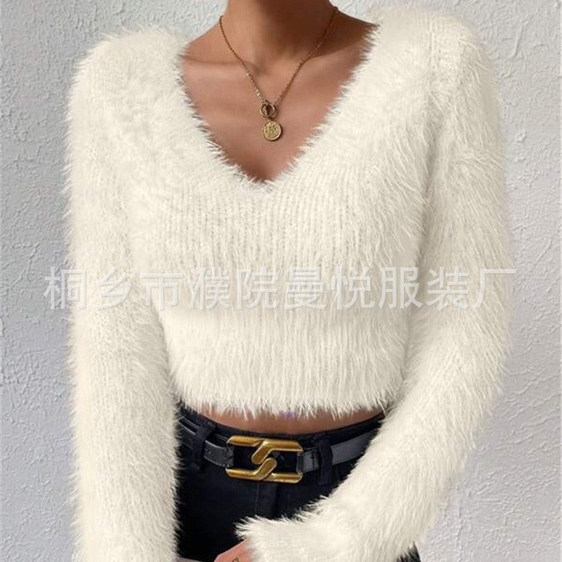 Women's Fluffy Crop Sweater with V-Neck and Eyelash Structure