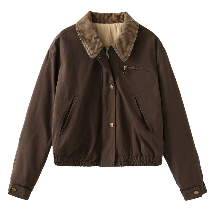 Women's Cropped Bomber Jacket with Corduroy Collar, Chest Zipper, and Elastic Drawstring Hem