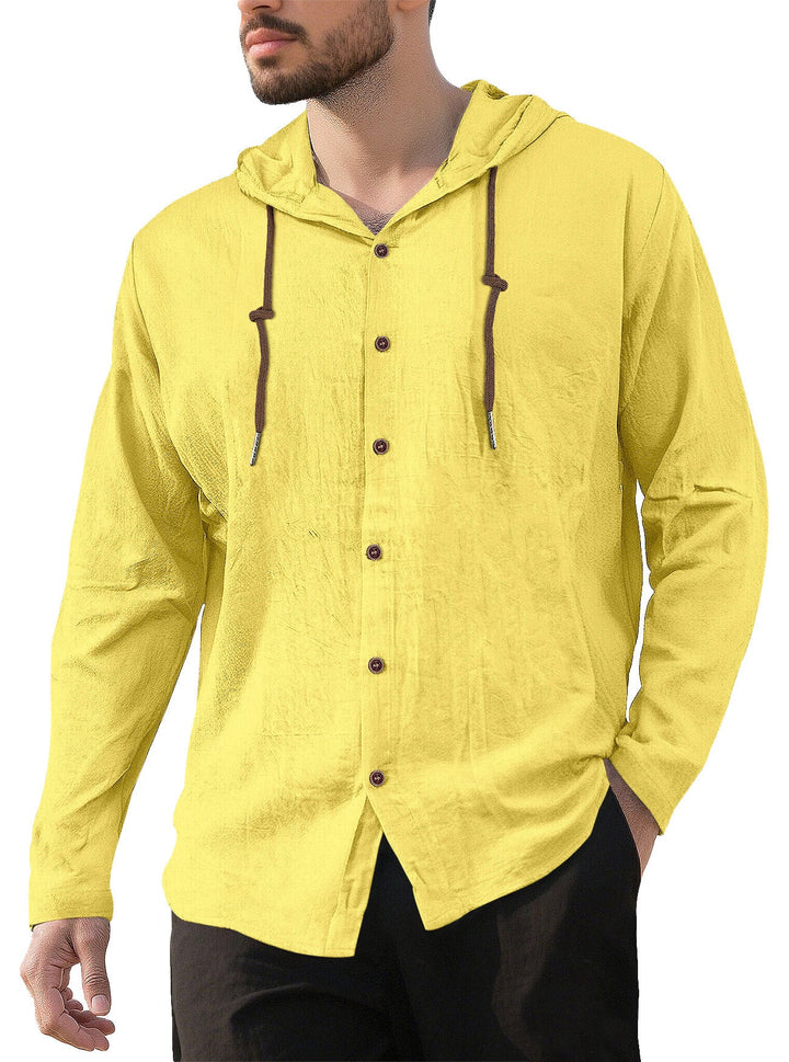 Men's Textured Linen Blend Hooded Shirt with Button Placket, Wood Buttons, and Side Slits