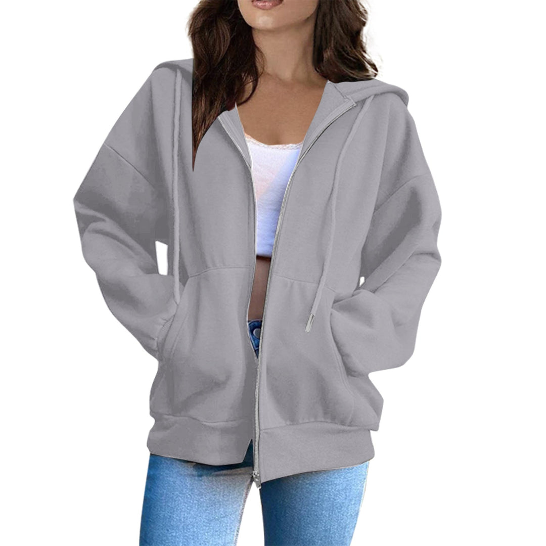 Women's Casual Hoodie Jacket with Continuous Zipper, Kangaroo Pockets, and Voluminous Raglan Sleeves
