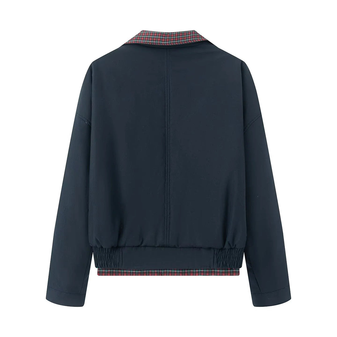 Women's Short Cut Bomber Jacket with Checked Lining, Concealed Front Placket and Patch Pockets