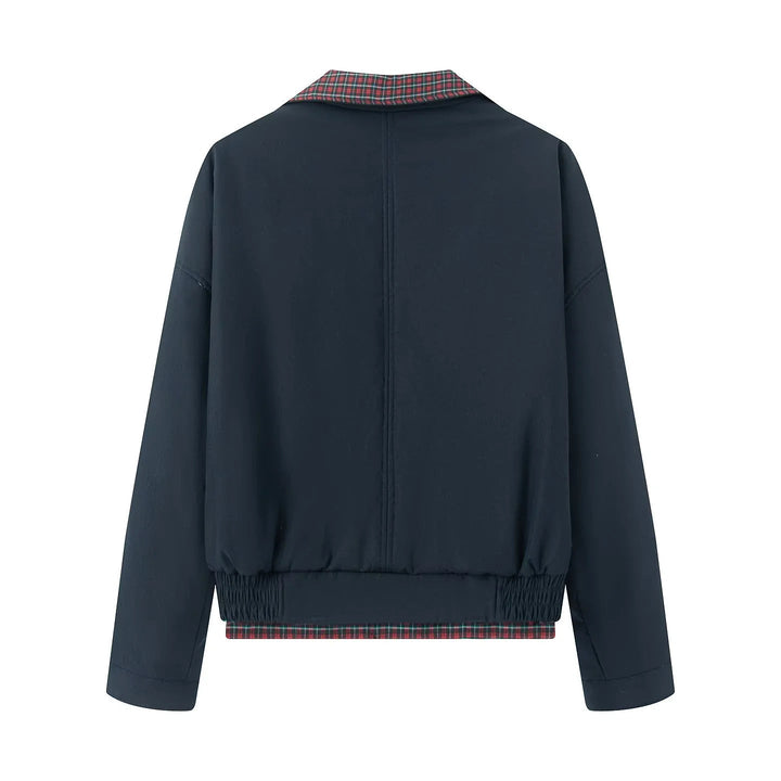 Women's Short Cut Bomber Jacket with Checked Lining, Concealed Front Placket and Patch Pockets
